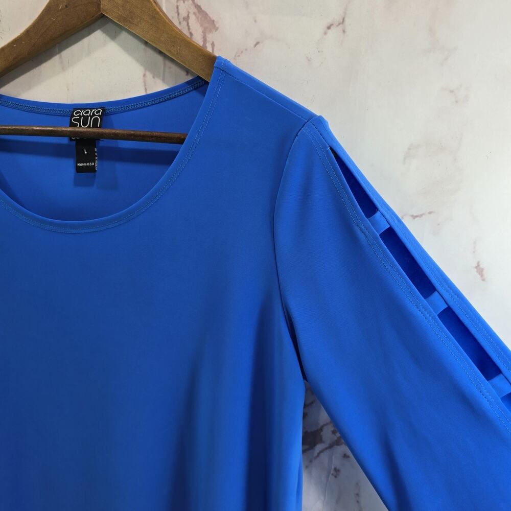 Clara Sun Woo Shirt Womens Large Blue Blouse Cut Out Cobalt Liquid Knit - Picture 10 of 11